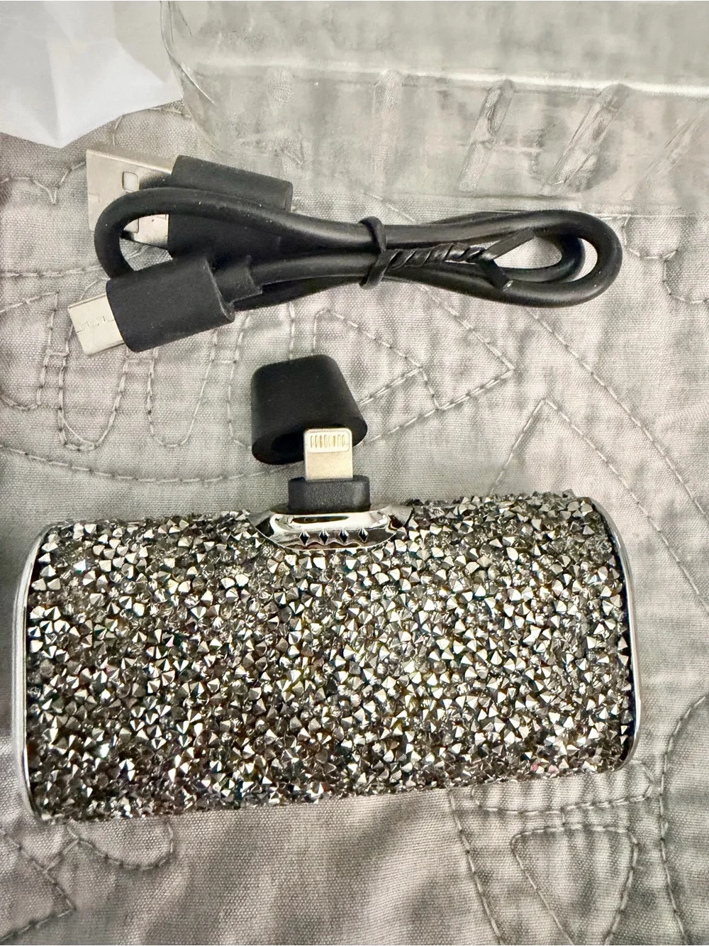 Glitter Rhinestone Portable Phone Charger - Silver